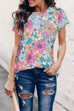 Load image into Gallery viewer, Multicolor Floral Print Asymmetric Hem Short Sleeve Top
