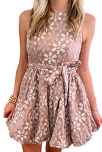 Load image into Gallery viewer, Floral Jacquard Sleeveless Mini Dress with Waist Tie
