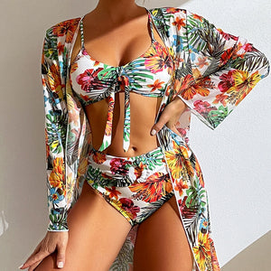 Three Pieces Floral Printed High Waisted Swimsuit