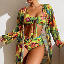 Load image into Gallery viewer, Three Pieces Floral Printed High Waisted Swimsuit

