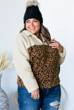 Load image into Gallery viewer, Plus Size Leopard Colorblock Zipped Sherpa Pullover
