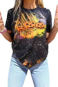Halloween Pumpkin Face Bat Bleached T-Shirt