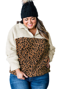 Jersey de sherpa con cremallera y bloques de colores de leopardo de talla grande