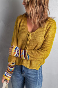 Lace up V Neck Knit Sweater - www.novixan.com