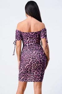 Leopard Print Off Shoulder Shirring Bodycon Dress - www.novixan.com