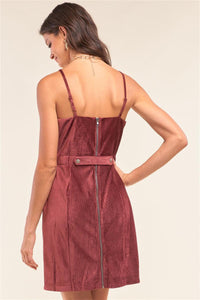 Cranberry Red Corduroy Sleeveless Square Neck Tight Fit Mini Dress - www.novixan.com