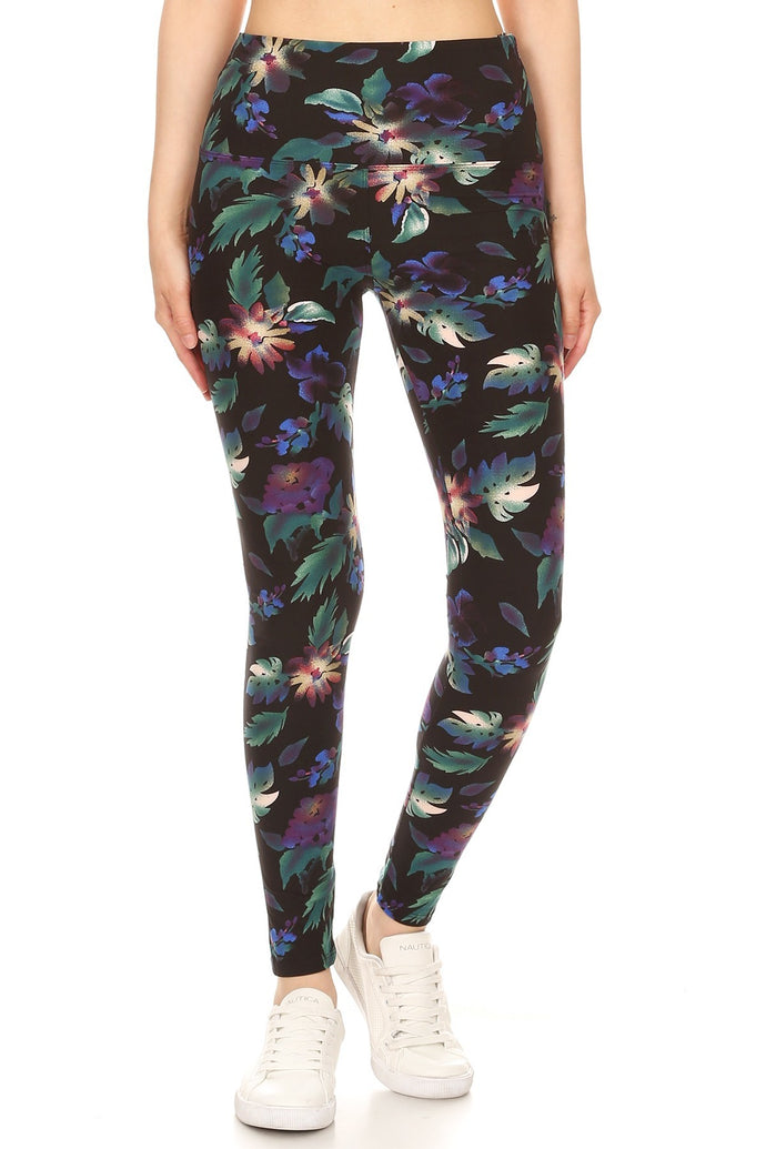 Yoga Style Banded Lined Floral Printed Knit High Waist Legging - www.novixan.com