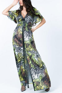 Deep V Neck Slit Zebra Print Long Dress - www.novixan.com