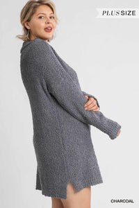 High Cowl Neck Bouclé Long Sleeve Sweater Dress - www.novixan.com