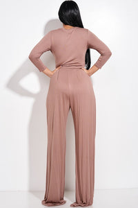 Solid 3/4 Sleeve Top And Wide Leg Pleated Pants Two Piece Set - www.novixan.com