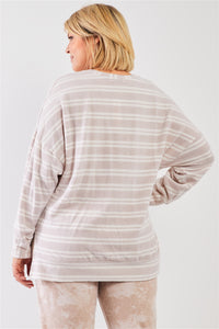 Plus Size Striped Polyester Fleece Round Neck Top - www.novixan.com