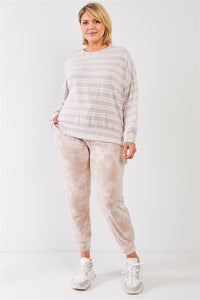 Plus Size Striped Polyester Fleece Round Neck Top - www.novixan.com