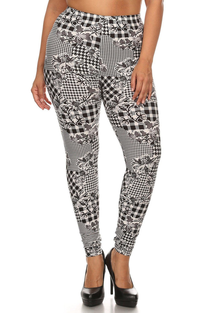 Floral With Hounds Tooth Printed Knit Legging - www.novixan.com