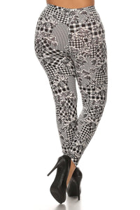 Floral With Hounds Tooth Printed Knit Legging - www.novixan.com