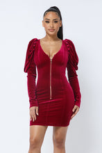 Load image into Gallery viewer, Soft Velvet Pleated Puff Sleeve Low V Neck Dress - www.novixan.com
