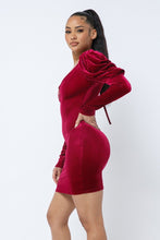 Load image into Gallery viewer, Soft Velvet Pleated Puff Sleeve Low V Neck Dress - www.novixan.com
