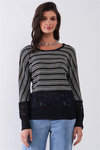 Black Striped Glitter Long Sleeve Sweater Top - www.novixan.com