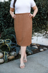 Tan Ribbed Midi Skirt Plus Size - www.novixan.com