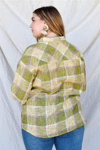 Cotton & Linen Blend Textured Plaid Shirt Top Plus Size - www.novixan.com