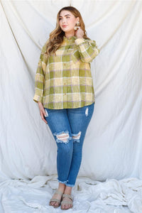 Cotton & Linen Blend Textured Plaid Shirt Top Plus Size - www.novixan.com
