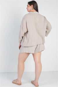 Plus Grey Button-up Collared Neck Blazer High Waist Shorts Set - www.novixan.com