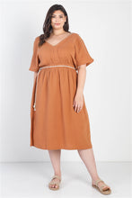 Load image into Gallery viewer, Plus Sand Textured Trim V-neck Midi Dress

