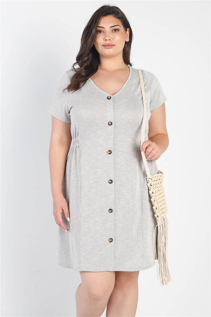 Textured Button-up Short Sleeve Mini Dress Plus Size