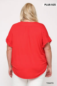 Solid Surplice Top With Ruffle Sleeve