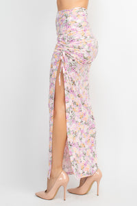Conjunto de top floral con nudo delantero y falda larga fruncida