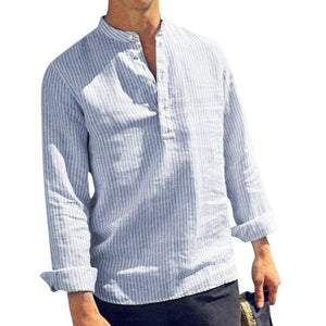 Cotton Long Sleeve Men's Striped Slim Fit Stand Collar Shirts - www.novixan.com