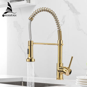 Kitchen Sink Brush Brass Faucets Single Lever with Pull Out Spring Spout Mixers Tap - www.novixan.com