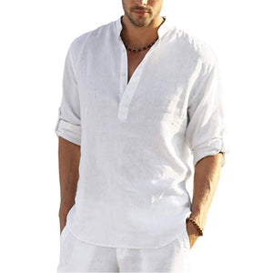 Camisa casual de manga larga de lino y algodón para hombre