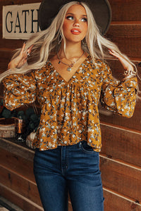 Floral Print Bell Cuff V Neck Babydoll Blouse