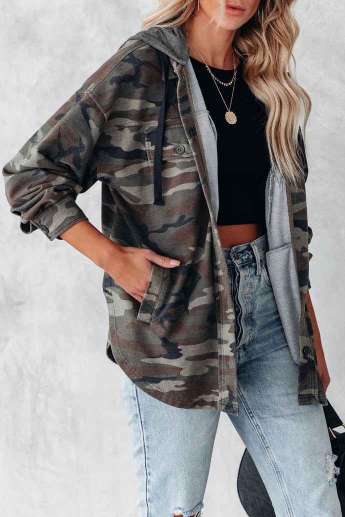 Camo Print Button up Hooded Jacket