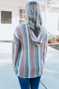 Multicolor Striped Drop Shoulder Textured Knit Hoodie