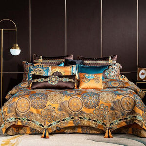 Chic Faux Silk Jacquard Embroidery Golden Bedding set - www.novixan.com