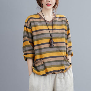 Women's Cotton Linen Long Sleeve V-neck T-shirts - www.novixan.com