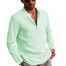 Cargue la imagen en el visor de la galería, Men&#39;s Cotton linen Solid Color Stand Collar Shirt - www.novixan.com
