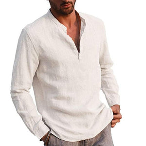 Men's Cotton linen Solid Color Stand Collar Shirt - www.novixan.com