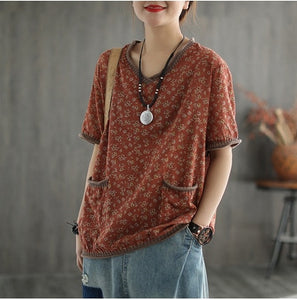 Women Loose Short Sleeve Floral V Neck T-shirt - www.novixan.com
