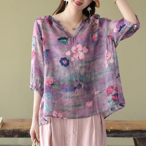 Women's short Sleeve Loose Vintage Floral Blouse Plus Size - www.novixan.com