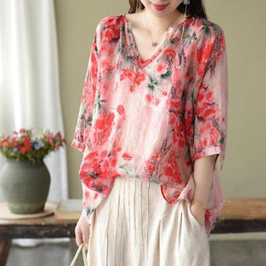 Women's short Sleeve Loose Vintage Floral Blouse Plus Size - www.novixan.com