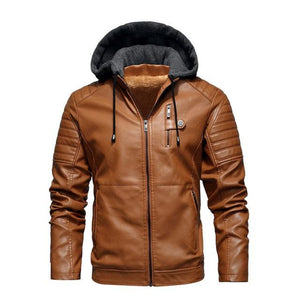 Men's Leather Jacket with Hood Plus Size - www.novixan.com